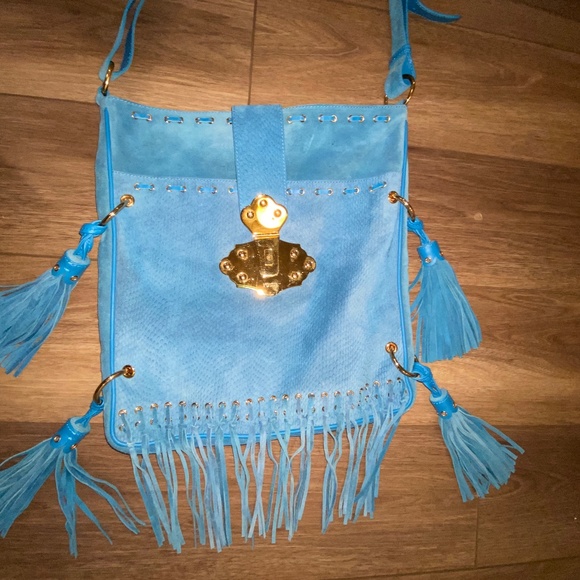 Stunning Large Emilio Pucci Turquoise Blue Suede Fringe Handbag - Picture 3 of 16